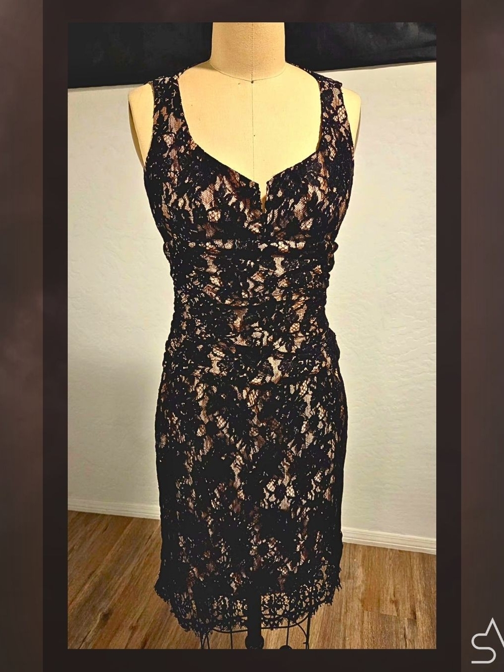 Nanette Lepore Femme Noir Blush Slip & Black Lace Overlay Cocktail Dress Size 8